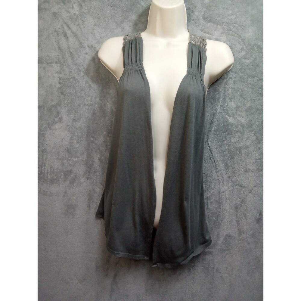 Eyelash Couture Women's Gray Crochet Lace Trim Open Front Vest Top Size S